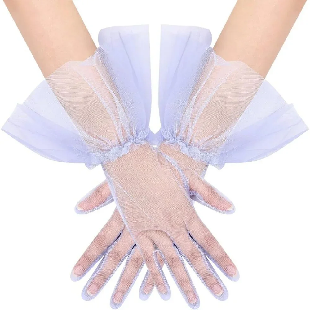 Women's Puffy Ruffle Lavender Tulle Sheer Mesh Party Prom One Size Short Gloves
